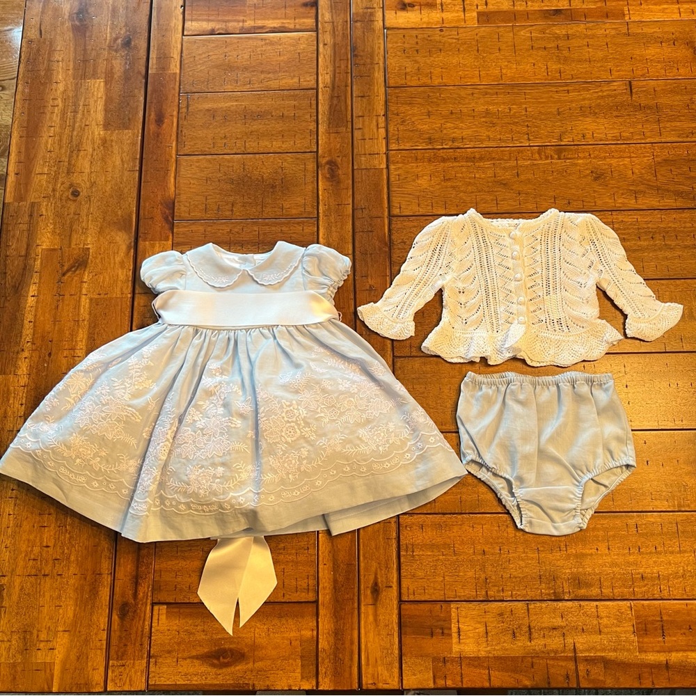 3M Ralph Lauren Layette Collection Baby Blue Embroidered Dress Bloomers Cardigan